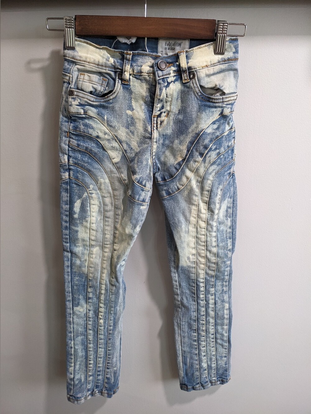 Evolution in Design Light blue slim fit moto jeans boys acid wash panel Sz 7